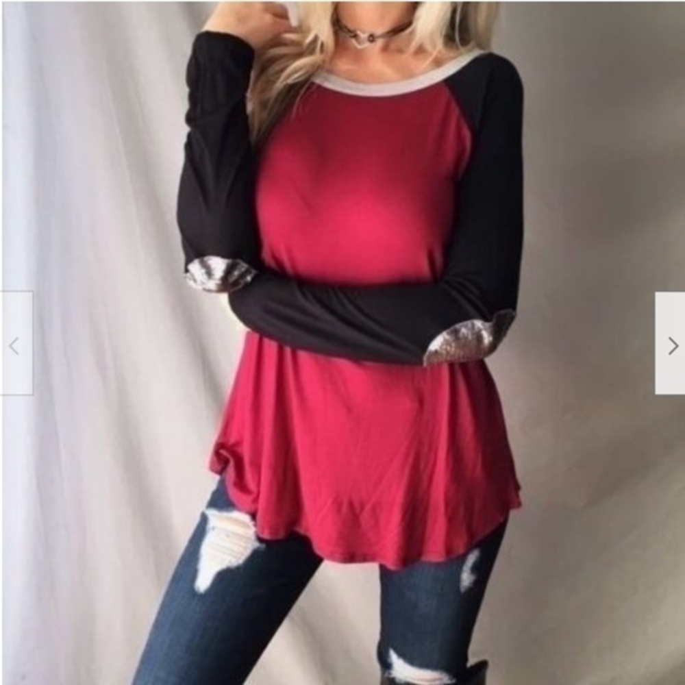 Women's Long Sleeve Color Block Sequin Elbow Patch Relaxed Tunic Knit Top Tee